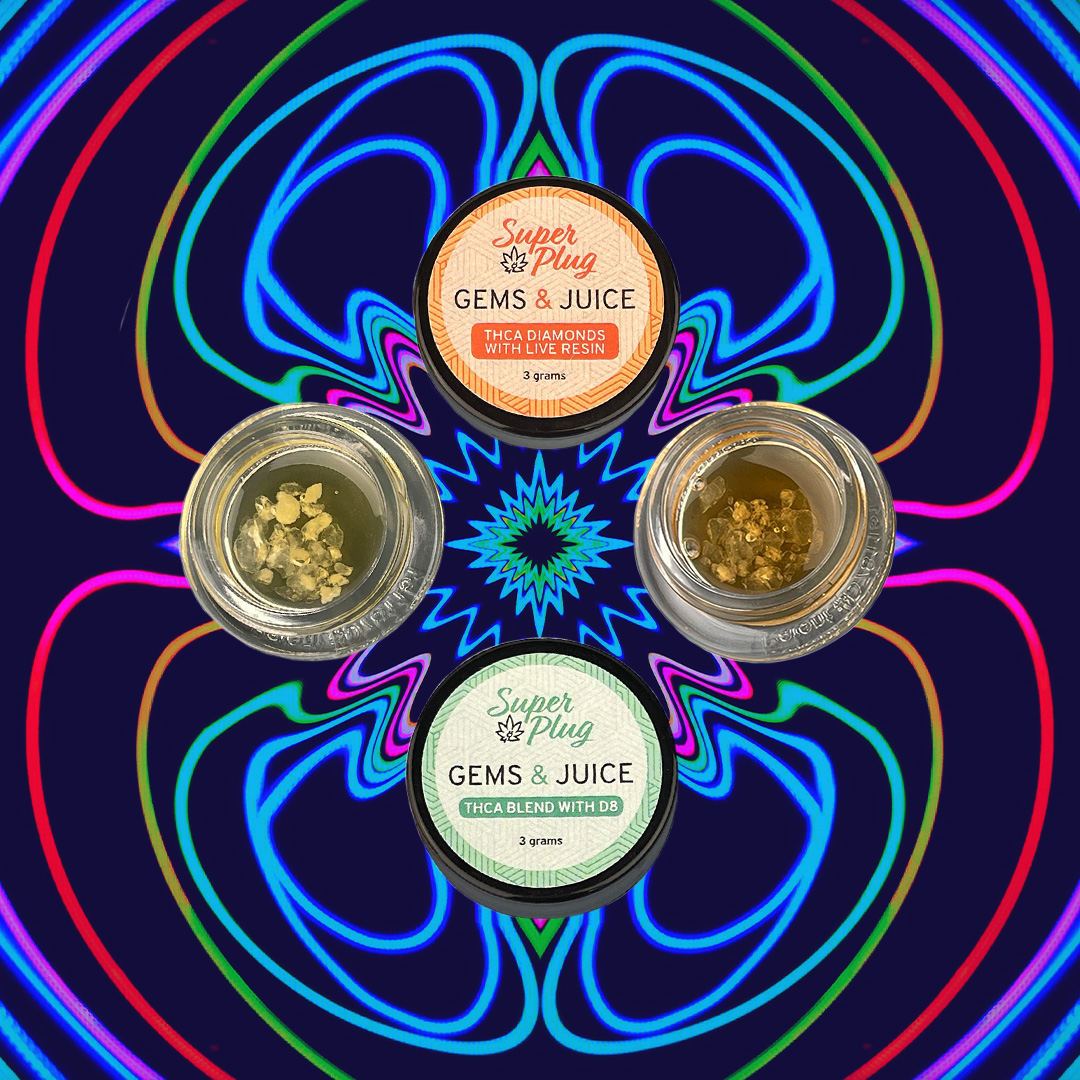 SuperPlugStore's tweet photo. THCa - It's the real deal! Take a trip with the new Gems &amp; Juice with THCa diamonds! We have our 3 gram Delta-8 with THCa diamonds and our 3 gram Live Resin with THCa diamonds now available! #thca #delta8thc #liveresin #hemp #nextbestthing #SuperPlug https://t.co/4H3DYjkw40