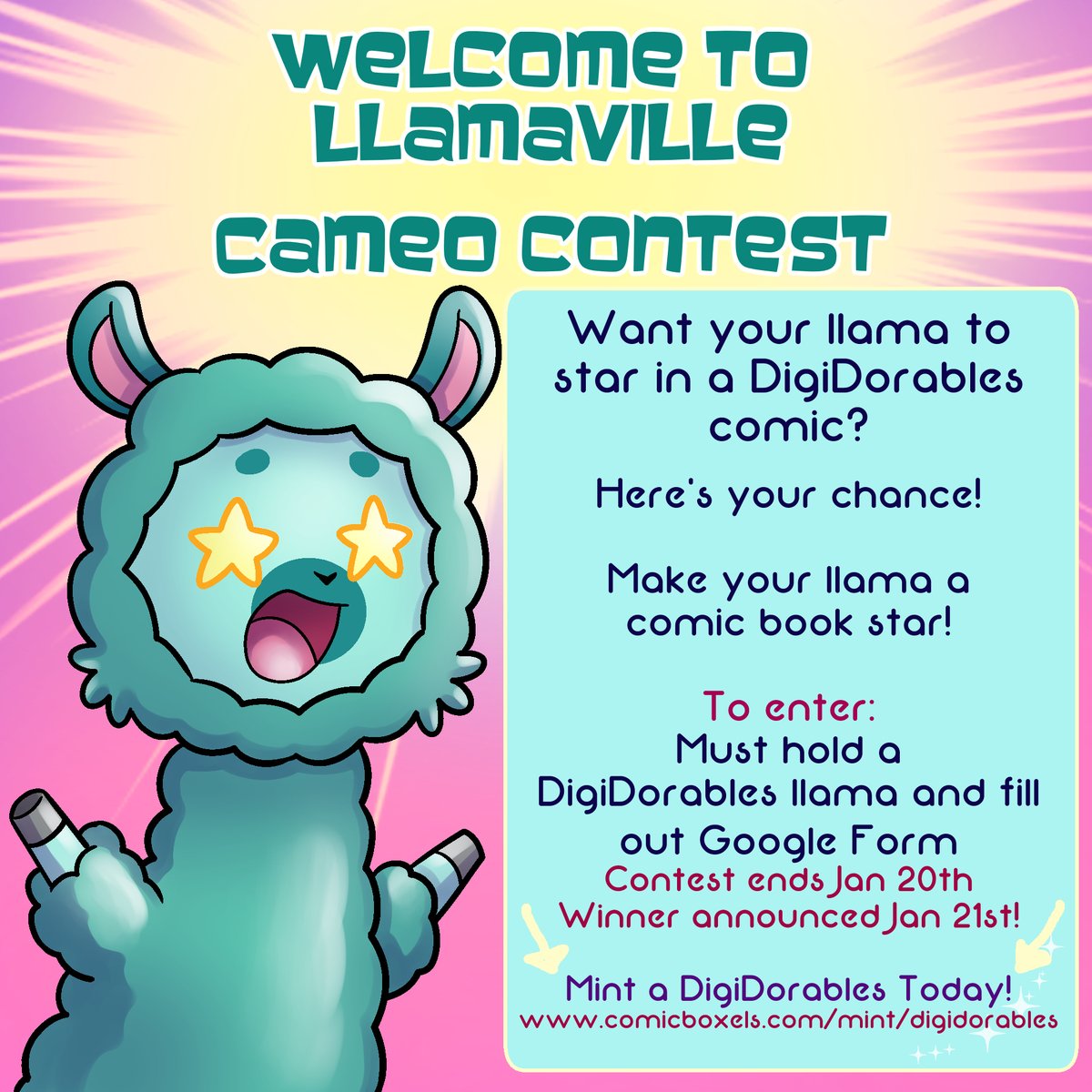 💥💥CONTEST! 💥💥

Who wants to be a star!? The first DigiDorables comic is in the works and your llama can join in on the fun! "Welcome to Llamaville" Cameo contest!!

To Enter:
-Own a <a href="/DigiDorables/">DigiDorables</a> Llama
-Fill out the form!
docs.google.com/forms/d/e/1FAI…

Ends - Jan 20th 11:55pm PST