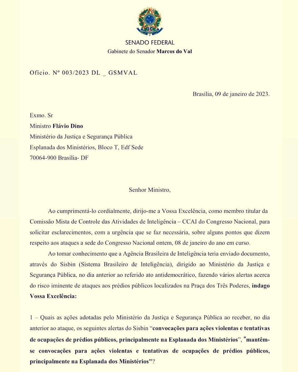 Olha o Nível de um Ministro da Justiça deste governo! Por isso que prevaricou! 

Ao comentar se as frases de Marcos do Val sinalizam o teor a ser dado pelo parlamentar na oposição no Senado, Flávio Dino respondeu: “Não sei. Nem conheço esse senhor. Não sei nem se ele é senador.”