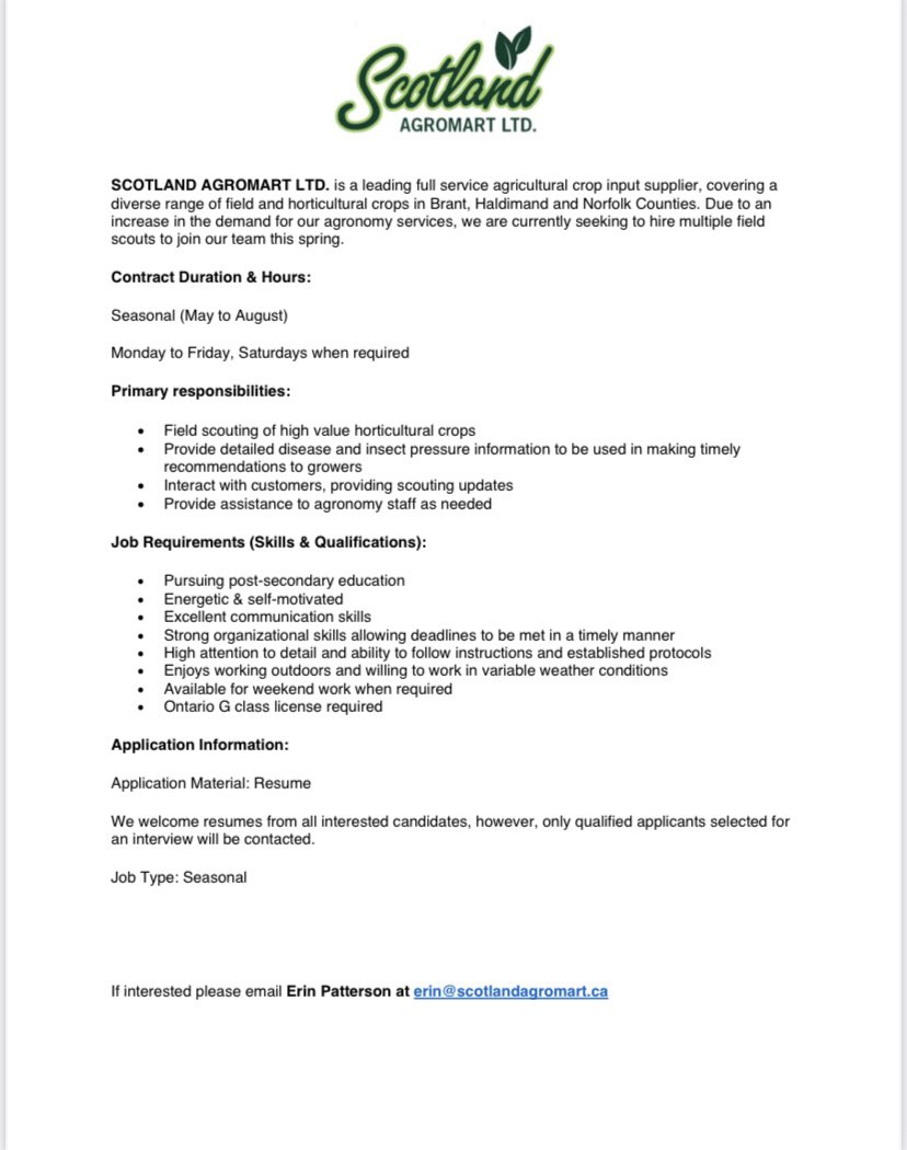 We are looking for summer students for this upcoming growing season! Excellent opportunity to expand your knowledge on a variety of horticulture crops!