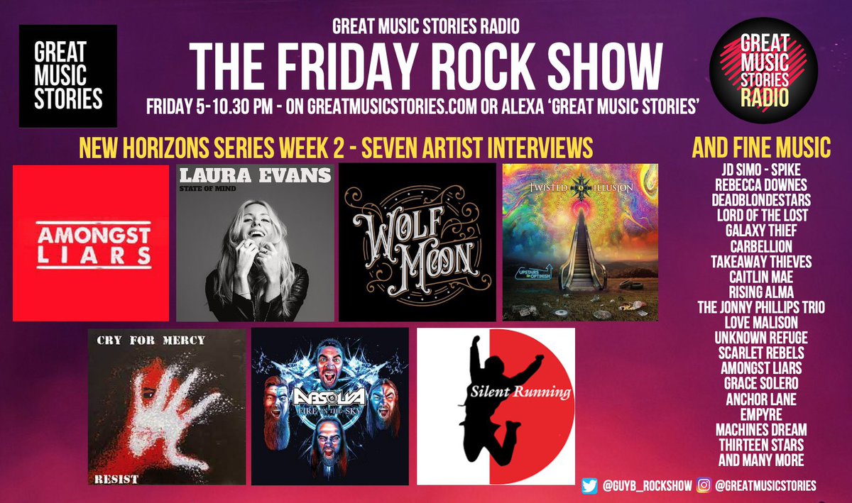 GuyB_rockshow's tweet photo. Thanks to the seven wonderful artists that have given their time to be on the New Horisons showcase tonight. Great insight and thanks @amongstliars #LauraEvans @wolfmoonband @OfficialTIband @CryForMercy3 @Absolva @SilentRunningUK. Much respect and thanks x https://t.co/UxLOtWcOFH