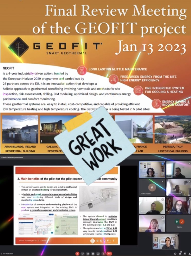 _ClaudiaFabiani's tweet photo. Today we had the Final Review Meeting of the GEOFIT project.
Thank you all for your great work! And see you soon…
@UniperugiaNews @EAPlab @EuGeofit @AnnaLauraPisell @CristinaPiselli @Jess_Romanelli https://t.co/GlZKzM7yHI