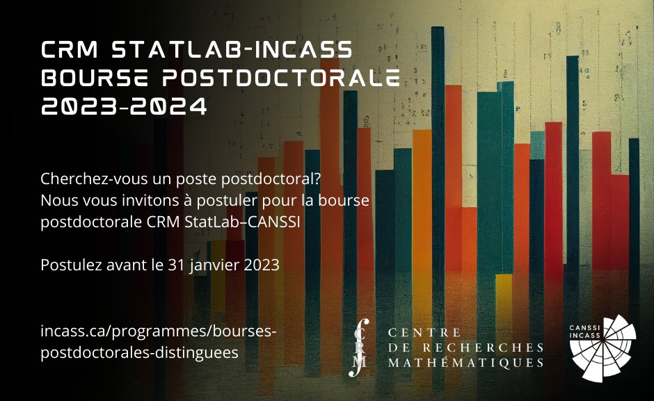 INCASSQuebec's tweet photo. Cherchez-vous un poste postdoctoral?
Nous vous invitons à postuler pour la bourse postdoctorale @CRM_Montreal StatLab @CANSSIINCASS
  
Postulez avant le 31 janvier 2023

https://t.co/3BtdEGZ94K https://t.co/CXDNUwCWQO