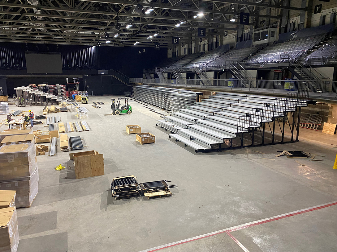 CentaurNation's tweet photo. Some photos of the installation of @IrwinSeatingCo telescopic bleachers with Integra rail mounted chairs at the Edmonton Expo Centre. #seating #bleachers https://t.co/iHB9dtsQhf