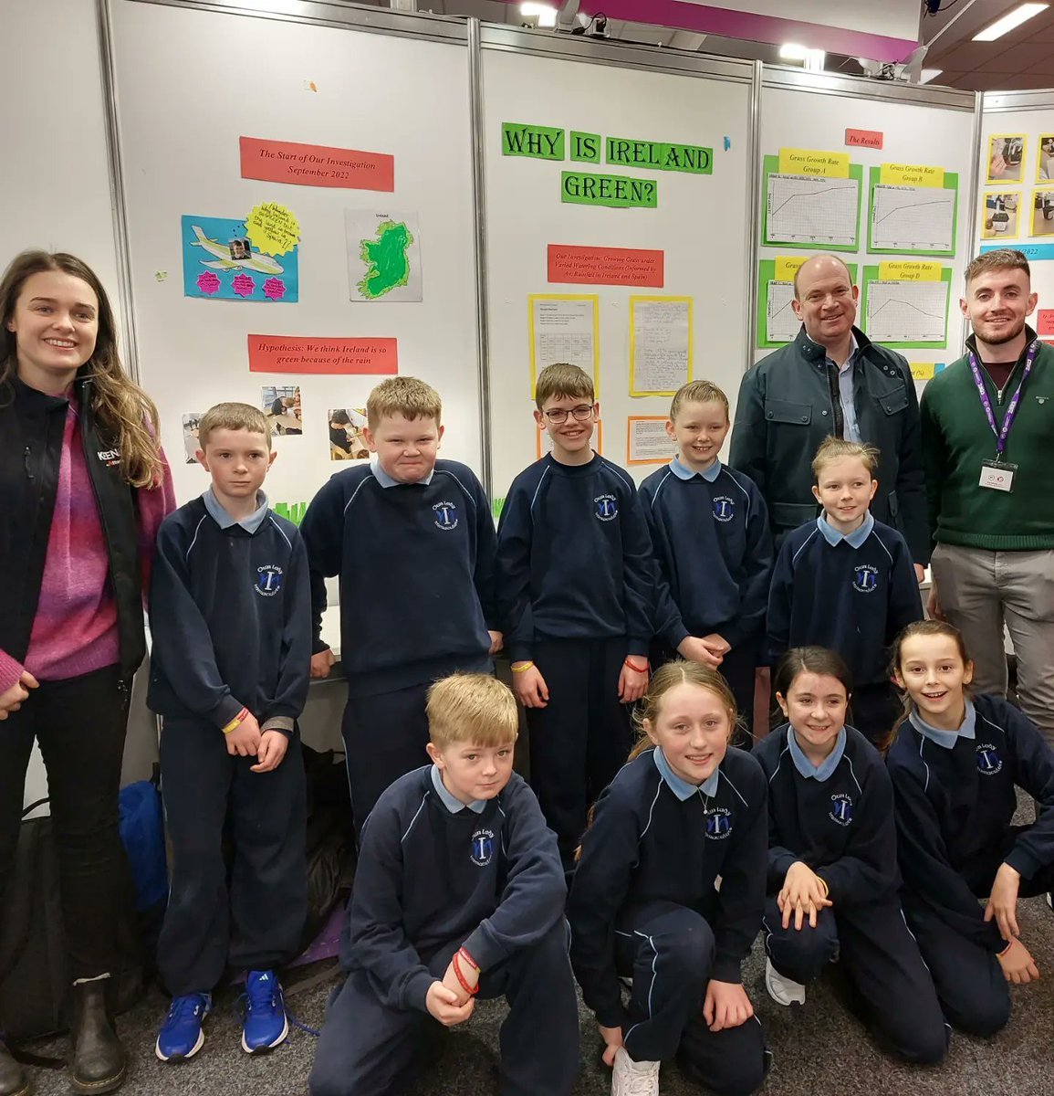 olihscl's tweet photo. 5th class in OLI Darndale who represented us in the BT Young Scientist this year with their project 'Why is Ireland Green?'. They concluded that Ireland is so green because our average rainfall (120ml per month) promotes "optimal grass growth". https://t.co/2wH63ayDj7