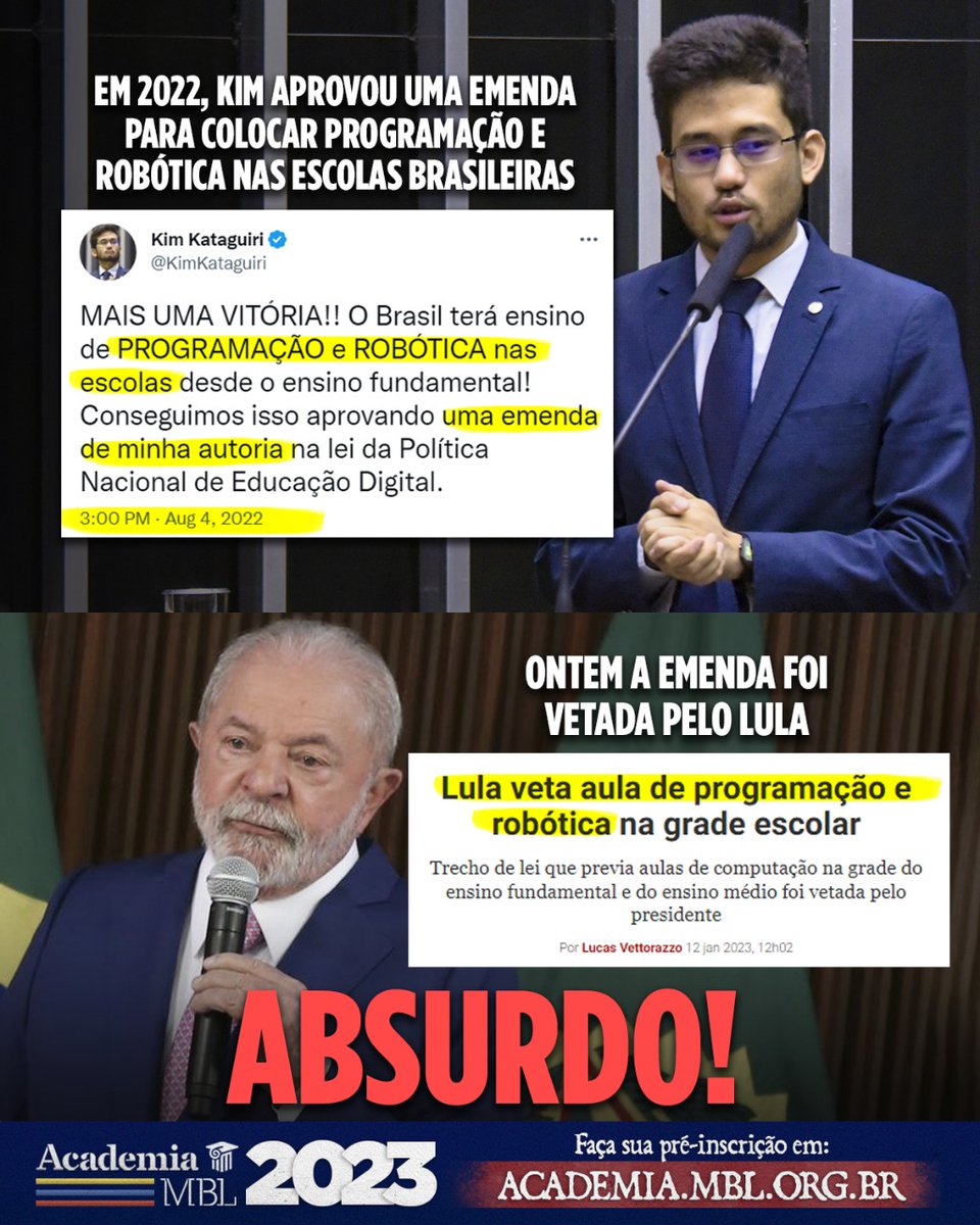 KimKataguiri's tweet photo. Programação e robótica são duas áreas que vão crescer MUITO num futuro muito próximo e precisam ser setores de oportunidades para os jovens brasileiros. Pensando nisso que propus emendas na Política Nacional de Educação Digital no ano passado, mas foram vetadas pelo Lula. https://t.co/QchjKNMLnm