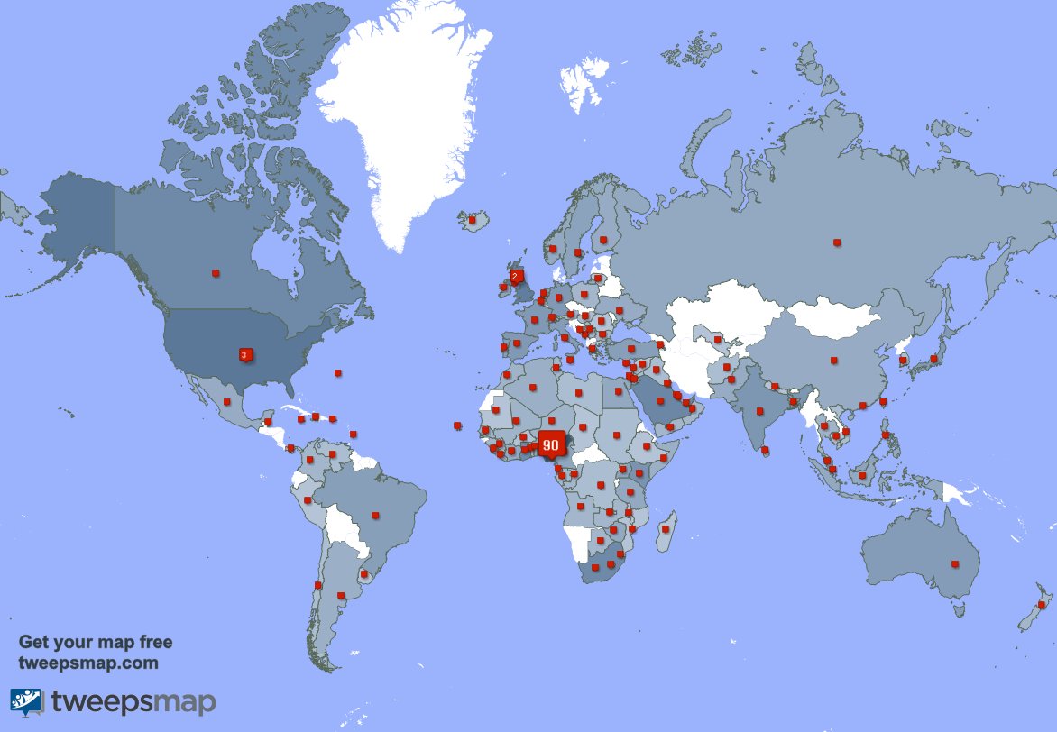 Special thank you to my 26 new followers from Nigeria, and more last week. tweepsmap.com/!ELEGBETE1
