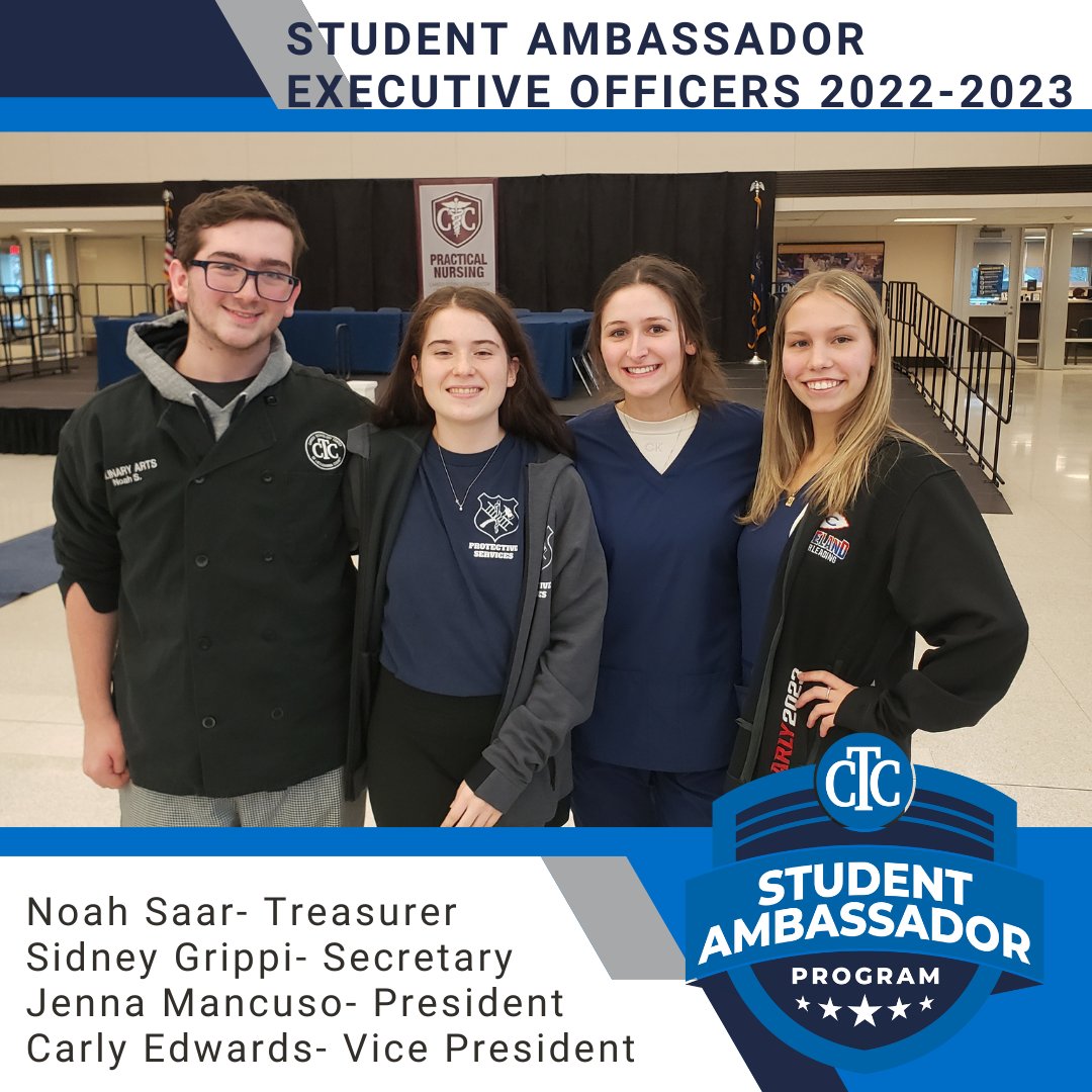 CTCLC_EDU's tweet photo. Congratulations to Jenna Mancuso @LakelandTRIBE, Carly Edwards @LakelandTRIBE, Sidney Grippi @scrantonHS, and Noah Saar @scrantonHS for being named this year's Student Ambassador Executive Officers! Way to go! #CTCPROUD https://t.co/NzpjY935KY