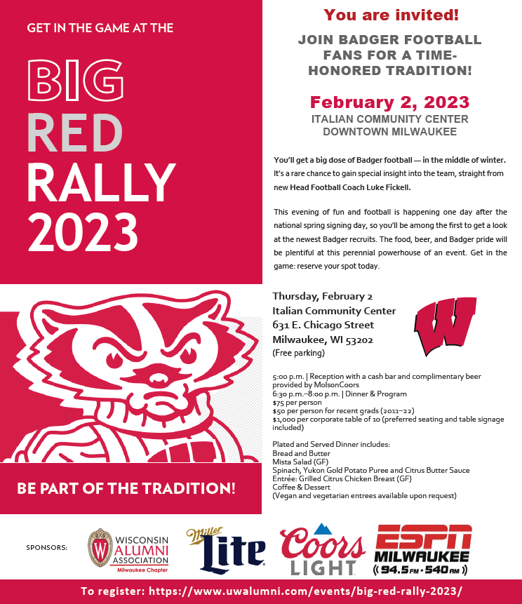 mkebadgers's tweet photo. Registration is OPEN!  https://t.co/rlCL3DrXdL
Join us for a BIG dose of Badger football and be among the first to learn about the football team’s 2023 recruiting class from head coach Luke Fickell. ❤️🦡❤️ https://t.co/cFD4nX0Iv1