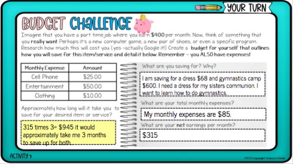 MsKMenna's tweet photo. Grade 5/6s are learning all about financial literacy and the importance of budgeting. Today they had to choose an item they are wanting and create a healthy budget with a $315 net income monthly. How long will it take to save for these items? @st_smal @YCDSB 💰 https://t.co/NWl1JINIU3