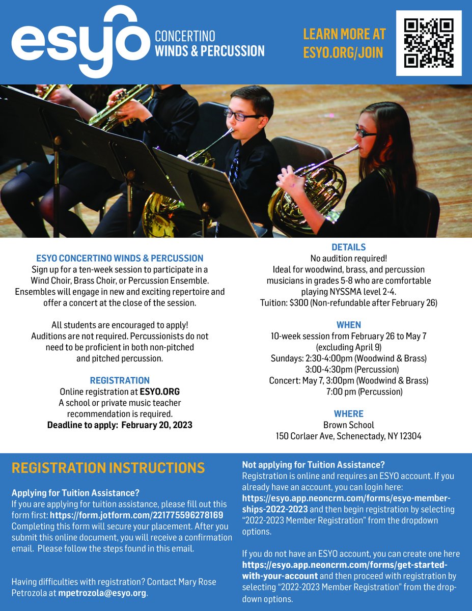 Calling all budding musicians! Registration for Concertino Winds &amp; Percussion is now open.🎺🥁 Learn more at esyo.org/join