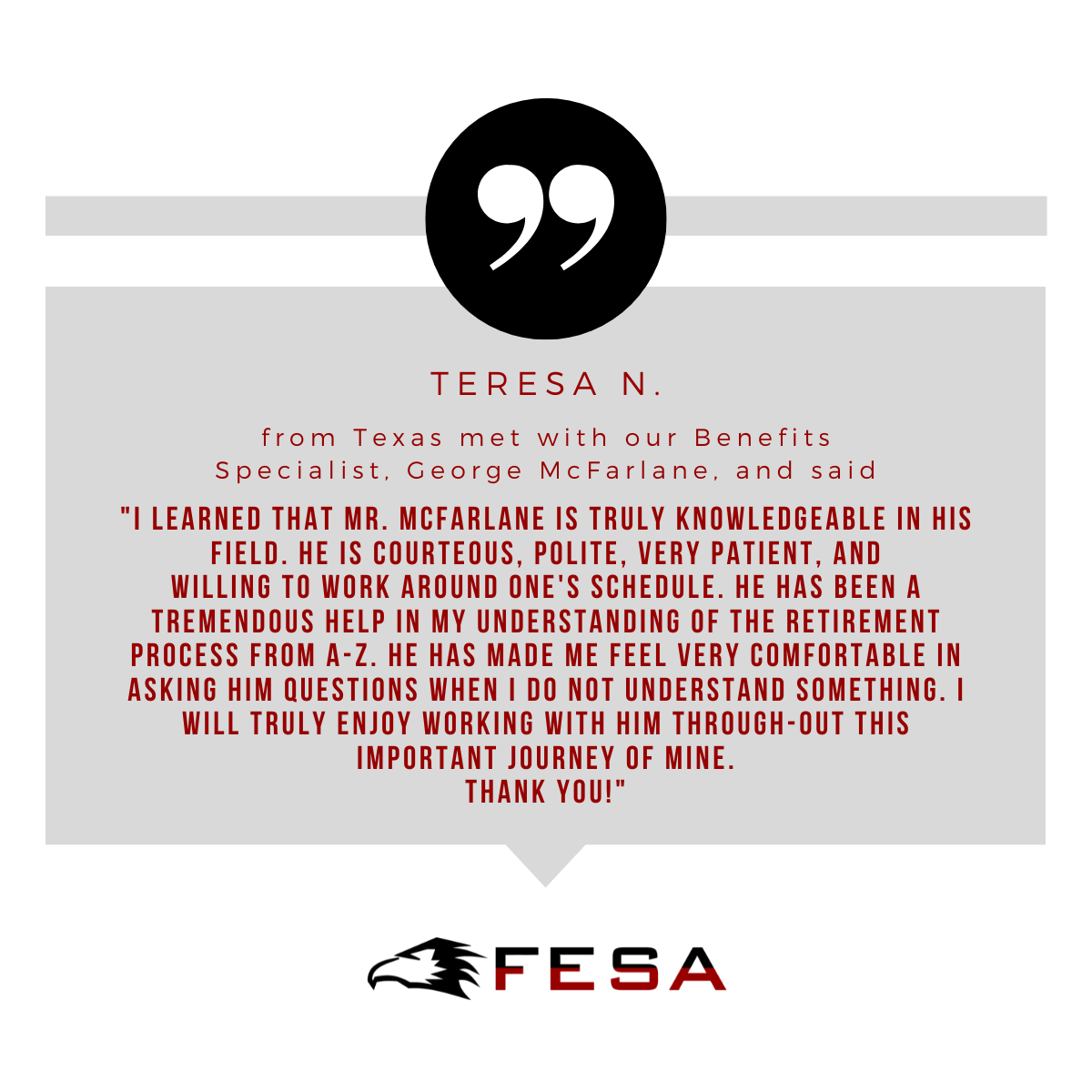 TeamFESA's tweet image. Like Teresa N. from Texas, we can help you understand your benefits too! Contact us at (512) 687-6202 or email CustomerService@GoFESA.com
Visit GoFESA.com for more information
#FESA #Benefits #Retirement #TSP #Medicare #BenefitsAnalysis
