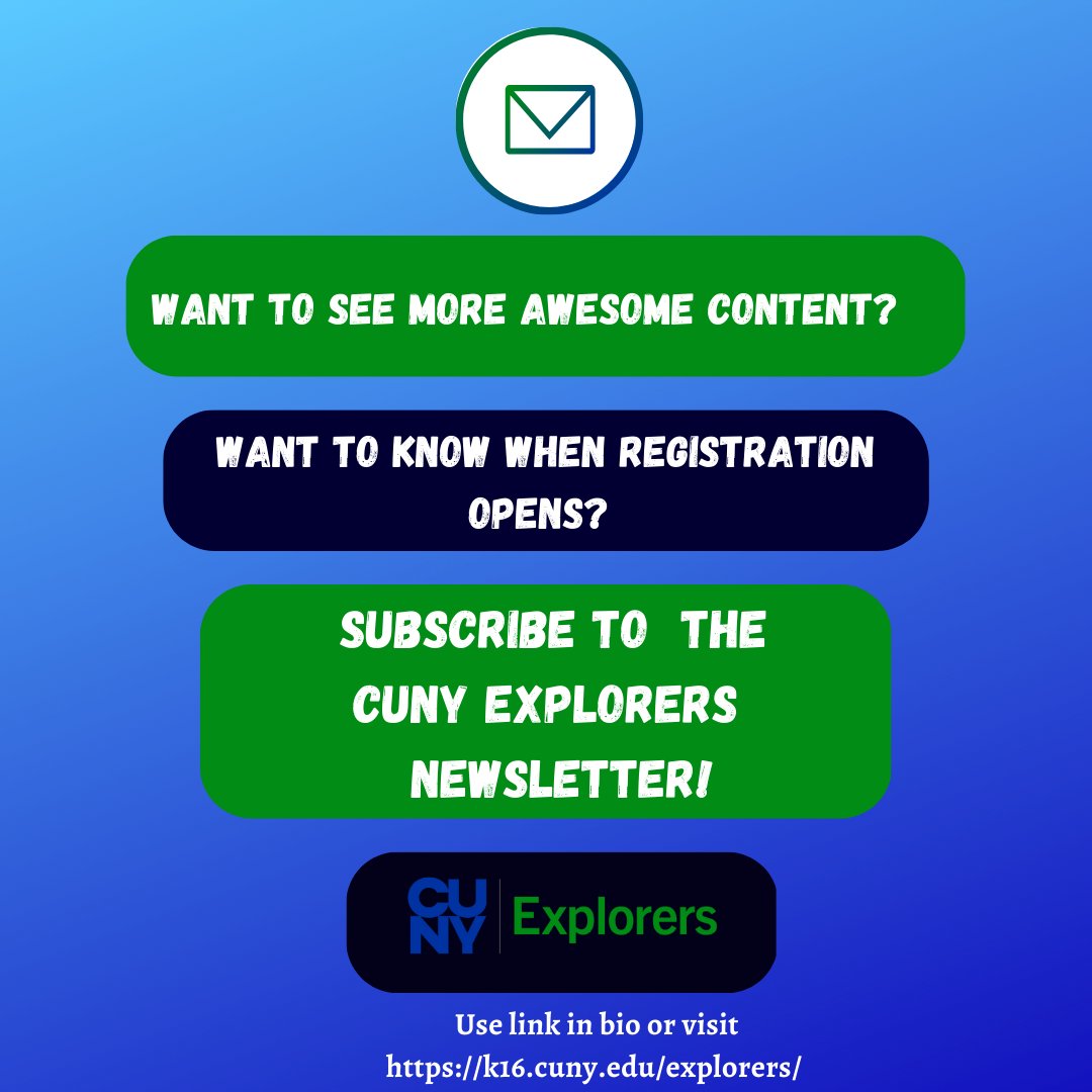 CunyExplorers's tweet photo. Thank you for participating in College awareness week. 
 Want to view more fantastic content? 
Subscribe to our CUNY Explorers newsletter! Check out the explorer's website or the link in the bio to subscribe.
#cunyexplorers #newsletter https://t.co/kscfFzlDkY