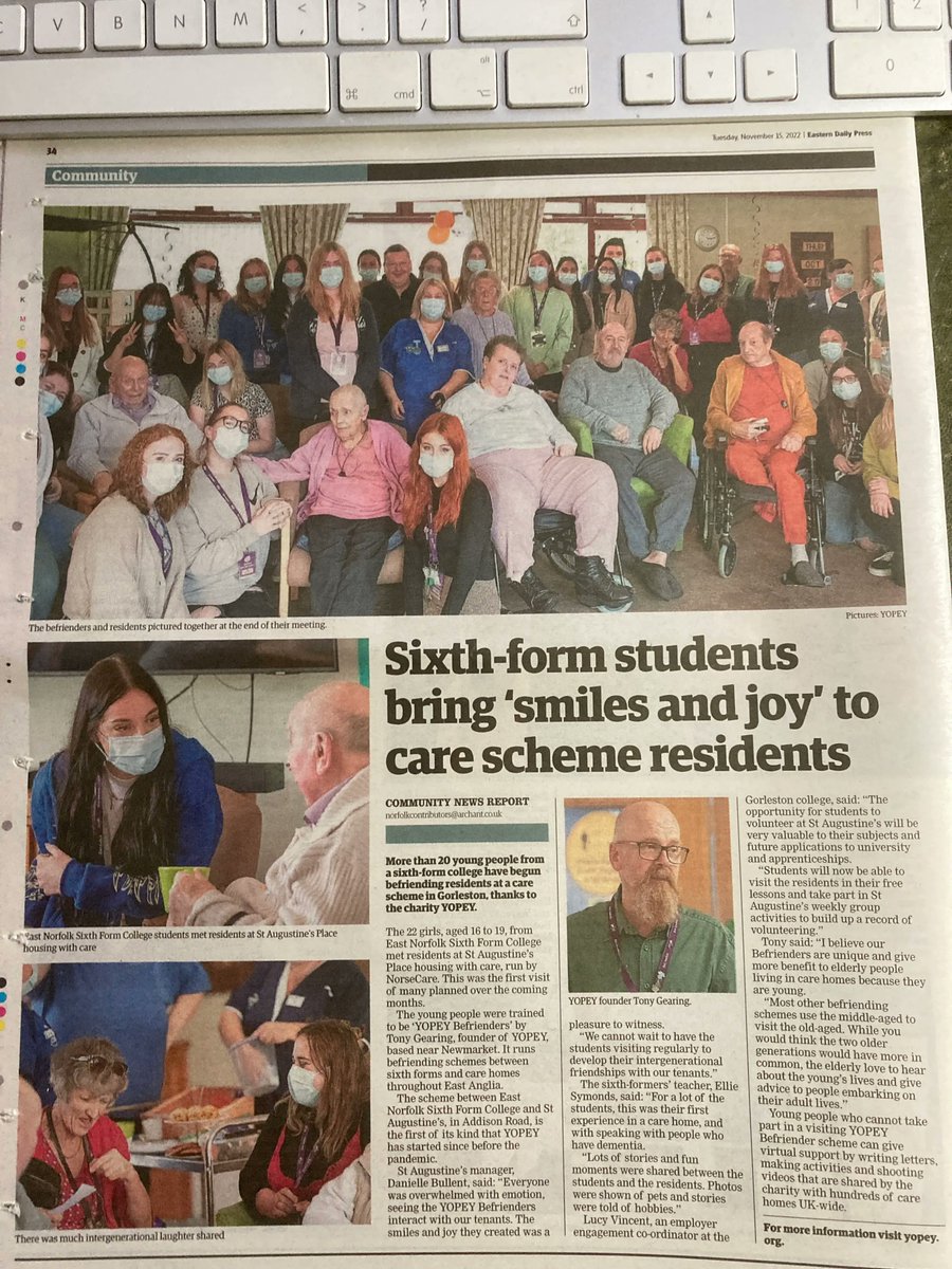 YopeyCharity's tweet photo. POSITIVE PAGE OF PUBLICITY ON #YOUNGPEOPLE

About our YOPEY Befriender scheme between #EastNorfolkSixthFormCollege &amp; St Augustine's #carehome in #Gorleston #Norfolk

From today's #EasternDailyPress

Thank you @EDP24

@EastNorfolk @NorseCare @_NorCA @BrandonLewis @NorfolkCC https://t.co/Ylc1jLuHGB