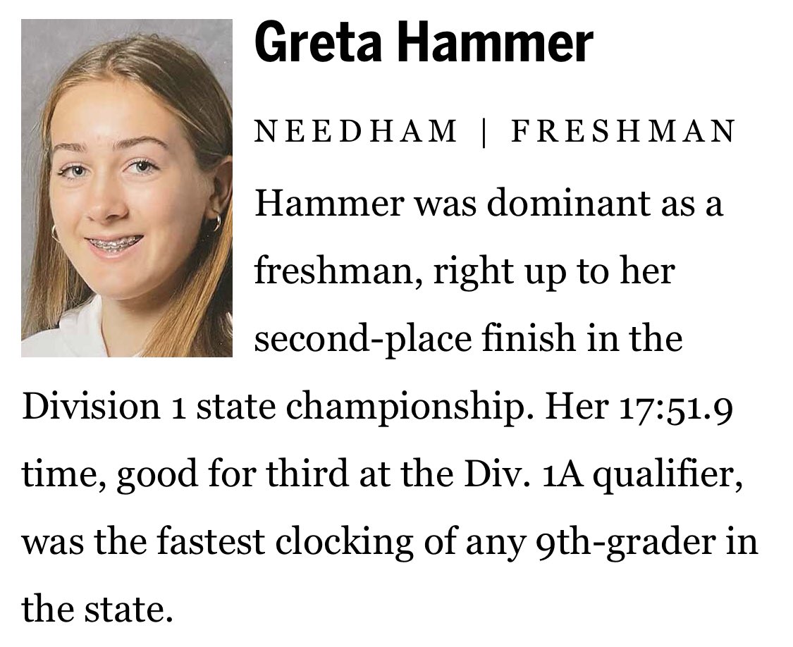 Girls’ Cross-Country All-Scholastics (cont’d)

Sarah DiVasta - Peabody
Amelia Everett - Newton South
Madelyn Germain - Norfolk Aggie
Greta Hammer - Needham

Full section: bostonglobe.com/sports/high-sc…