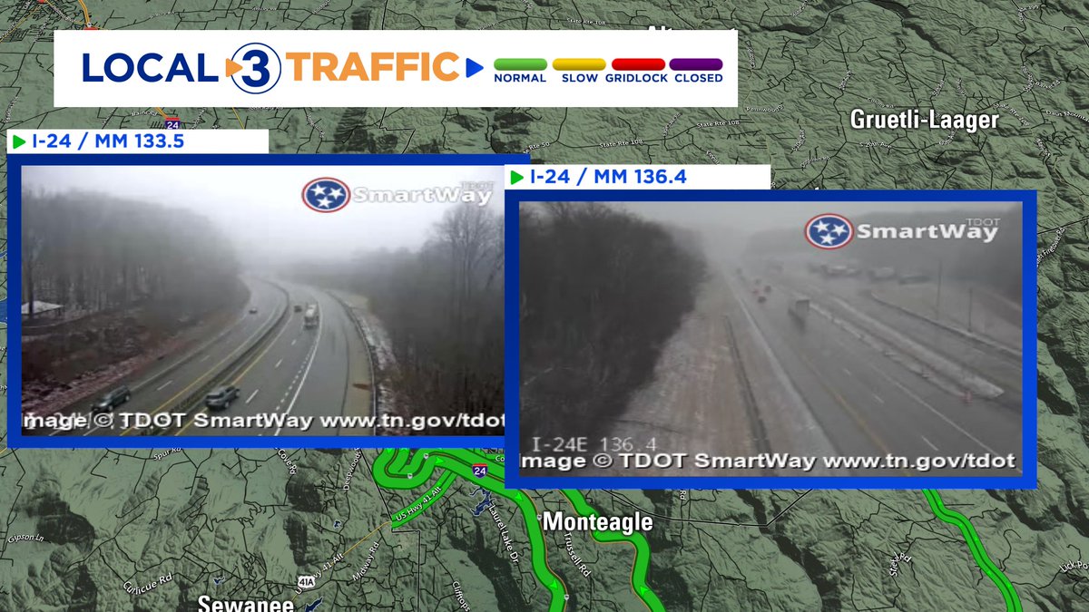 AlisonPryorWx's tweet image. Views at 9:35am ET/8:35am CT around Monteagle on I-24. Snow sticking on the grass with reduced visibility. Roads are wet, no accumulating snow on the interstate. Road temps remain above freezing. Travel concerns increase for this evening.