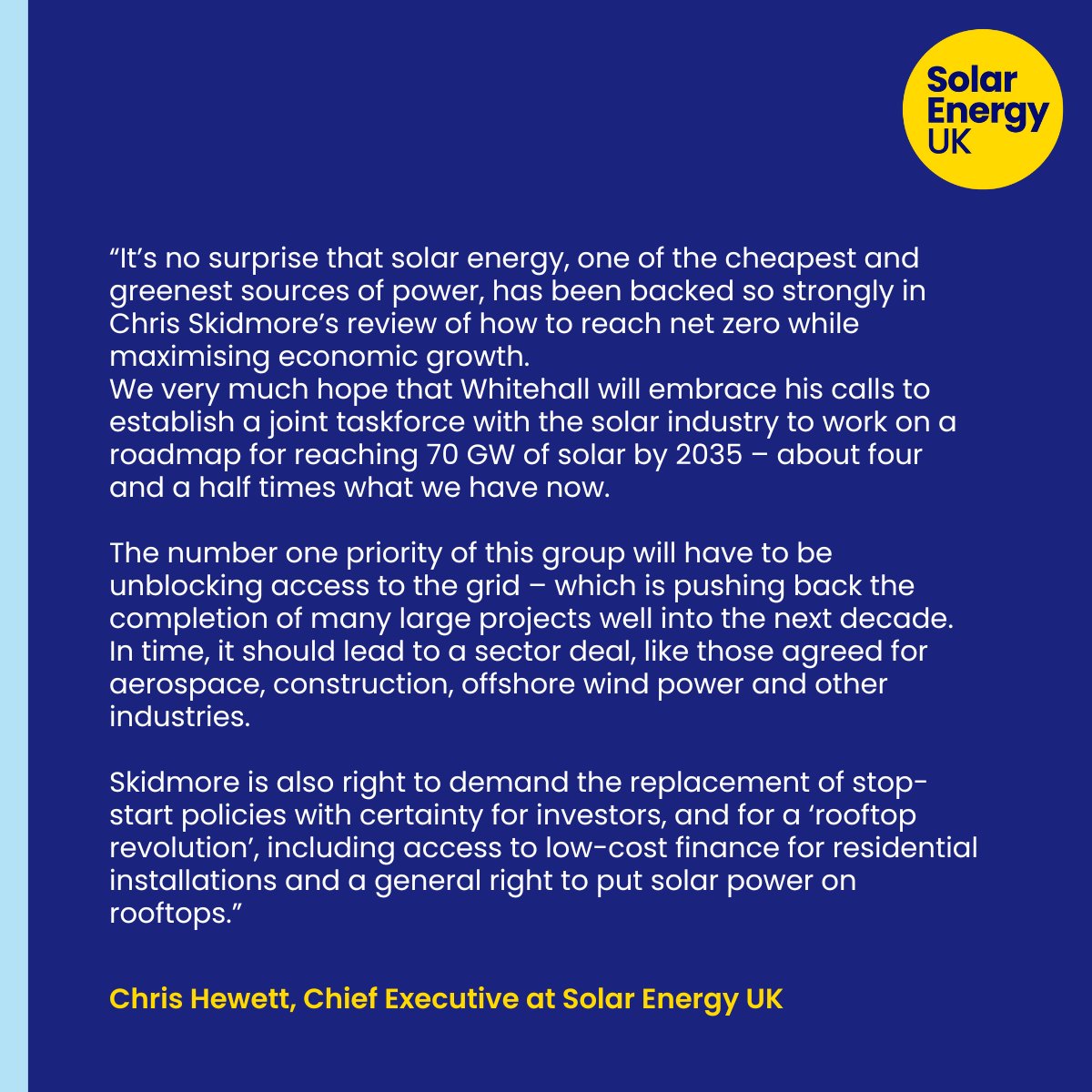 ☀️ The British solar industry warmly welcomes <a href="/CSkidmoreUK/">Rt Hon Chris Skidmore</a> MP’s #NetZeroReview policy. Solar Energy UK Chief Executive <a href="/chrisjhewett/">Chris Hewett</a> said: