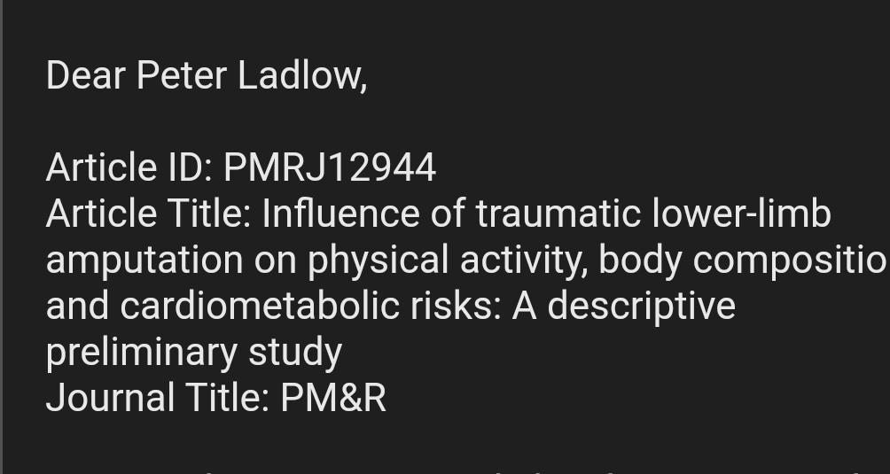 LadlowPete's tweet photo. ⭐Publication Alert⭐

Impact of unilateral &amp; bilateral lower limb amputation on cardiometabolic risks &amp; body composition at the end of the @DMS_DefRehab Complex Trauma Care Pathway. Also measured, ambulatory-based PA during rehab v home. All compared to an age-matched health CON https://t.co/cqGRUN4eDD