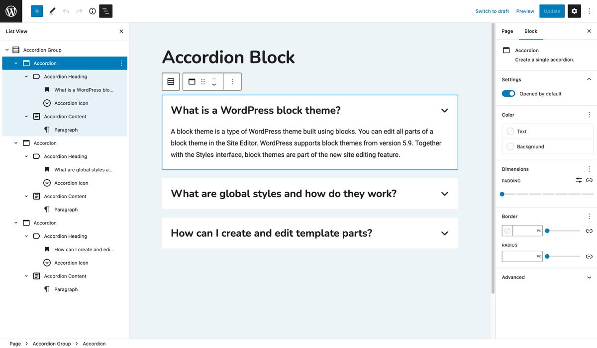 netzberufler's tweet photo. Building a new #WordPress block using the full power of nested blocks. With design options for each child block, the accordion can be styled in millions of different ways 😎 https://t.co/Uw0oz2kqJ2