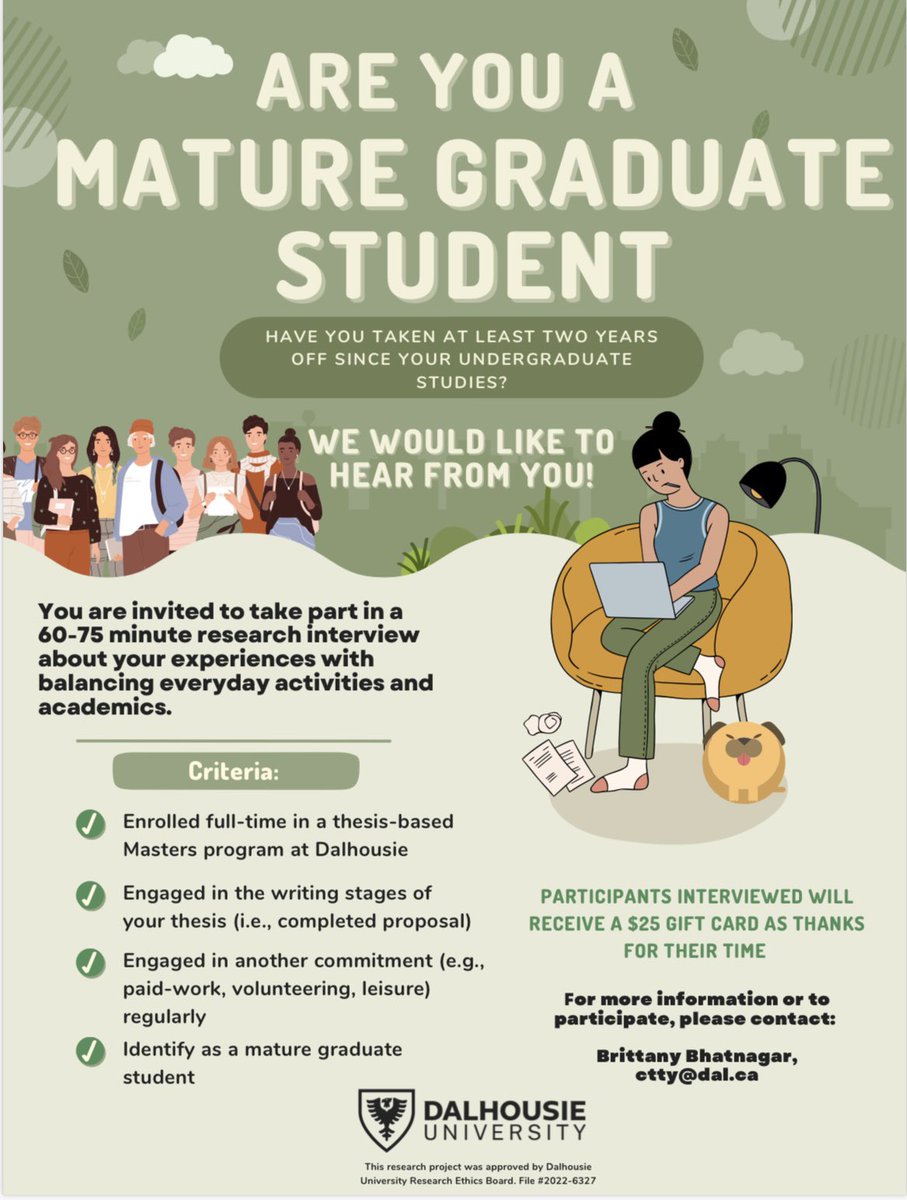 Hi everyone! Still looking for a few more folks to engage in my research about balancing academics, personal life, and other commitments! See attached for more information! :) <a href="/DalGradStudies/">Dal Grad Studies</a>
