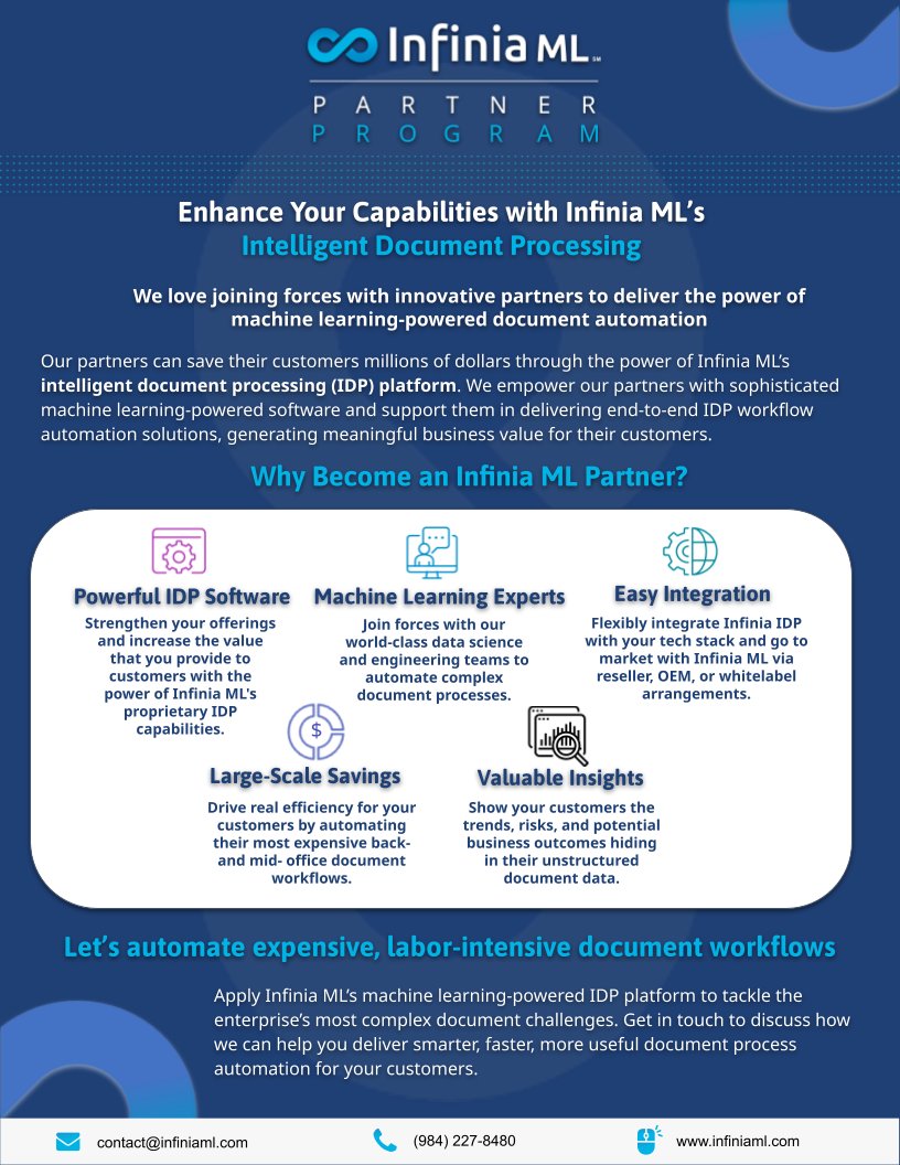 Thinking about partnering with us? Learn about how we can strategically align through our new partner program. Click the link below to get started!
#Automation #Software #AI #DocumentProcessing #MachineLearning 

infiniaml.com/about/partners…