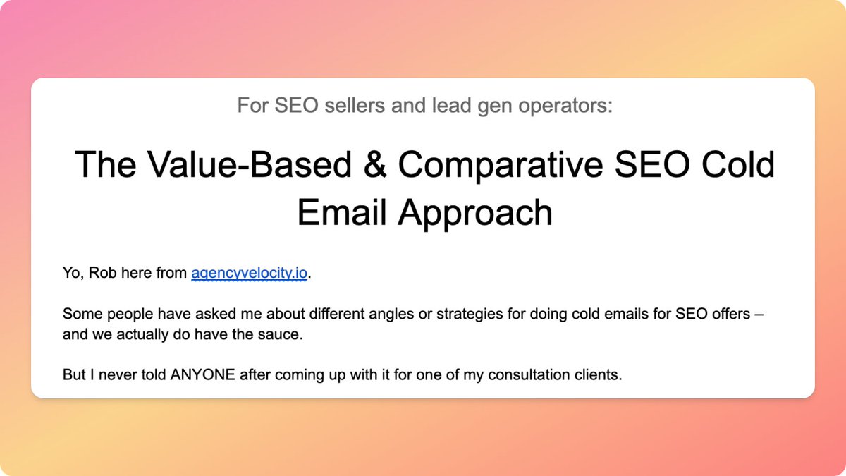 arrowmvn's tweet image. one of my consultation clients got a ~40% reply rate selling an SEO offer
wrote out a 7-page doc outlining the exact strategy we came up with
RT + comment 'av' and I'll send it over right away
(must be following)