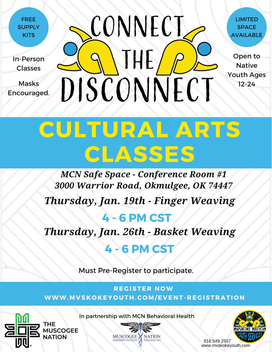 We are partnering with the Muscogee (Creek) Nation Behavioral Health to offer two in person Connect the Disconnect Cultural Art Classes this month. Space is limited, so please register at the link below. mvskokeyouth.com/event-registra…