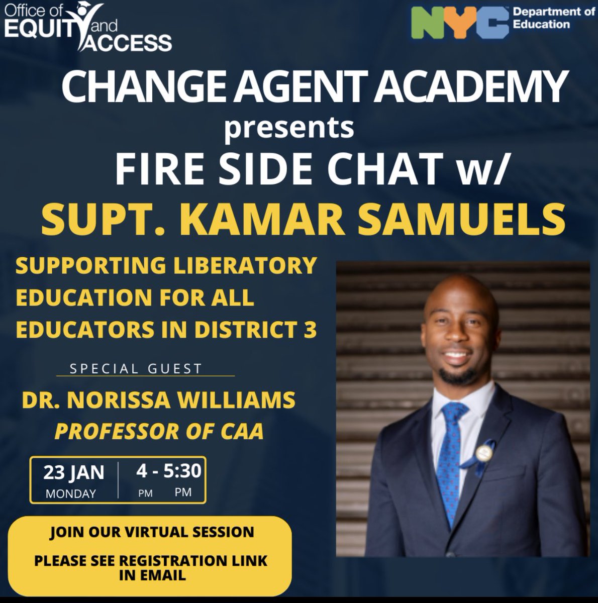 🗣️District 3 educators you are invited to join Supt @kamar_samuels for a Fireside a chat on Jan 23rd. Come hear his vision & share your experiences. Register here forms.gle/puB1cfgGaA4TCx… #changeagent #educators #district3