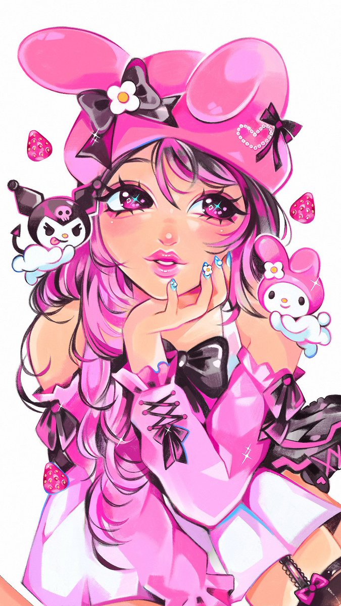 1girl hat pink hair pink eyes strawberry pink headwear animal hat  illustration images