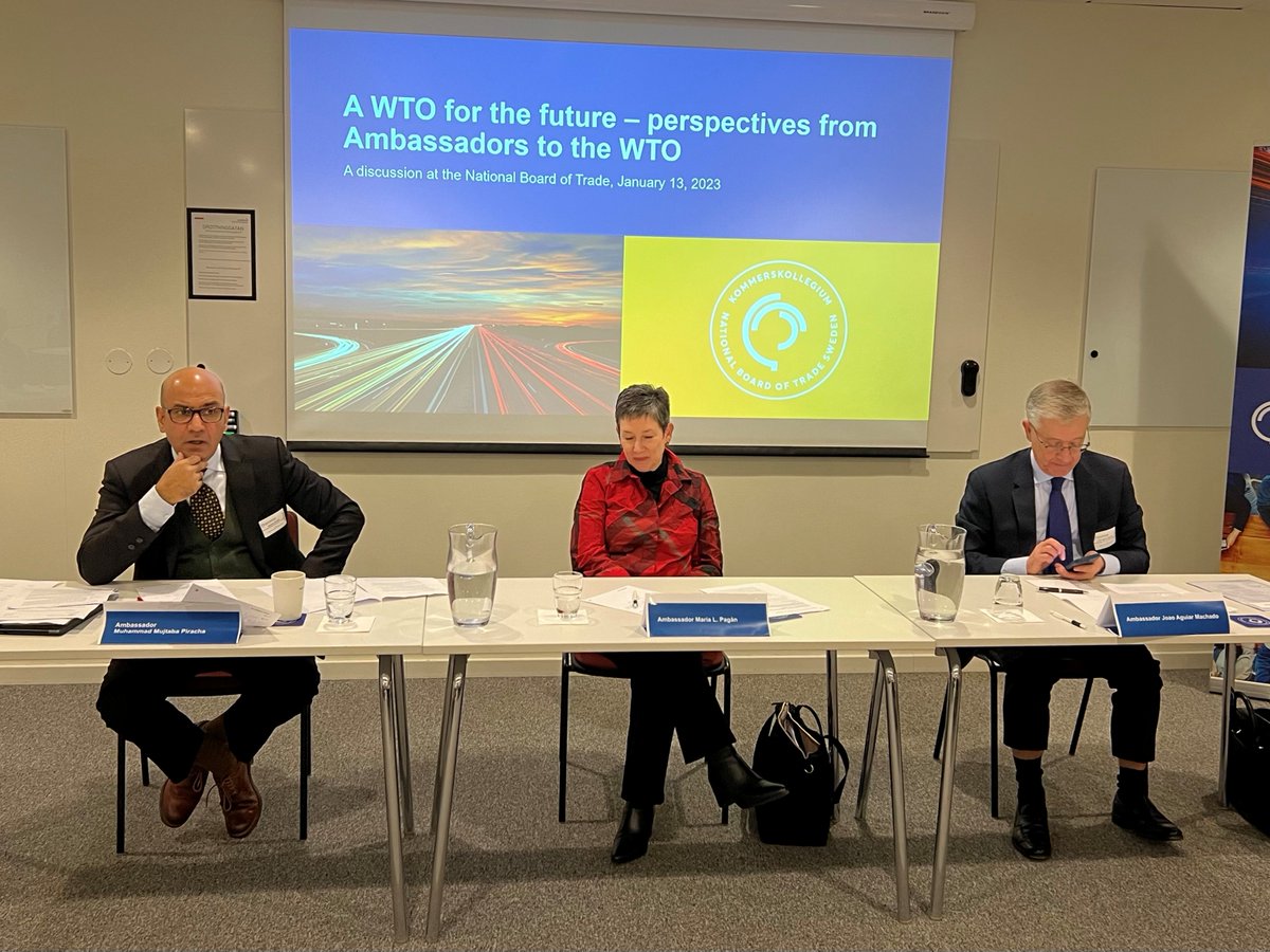 Great privilege to host four prominent #WTO ambassadors at @sweboardoftrade: @mujtaba_piracha, Pakistan, María Pagán, USA, João Machado, @EUAmbWTO, and @SweMFA_Anzen. Thanks for good stakeholder interaction and discussion on necessary #WTOreform in preparation for #MC13! #EUtrade