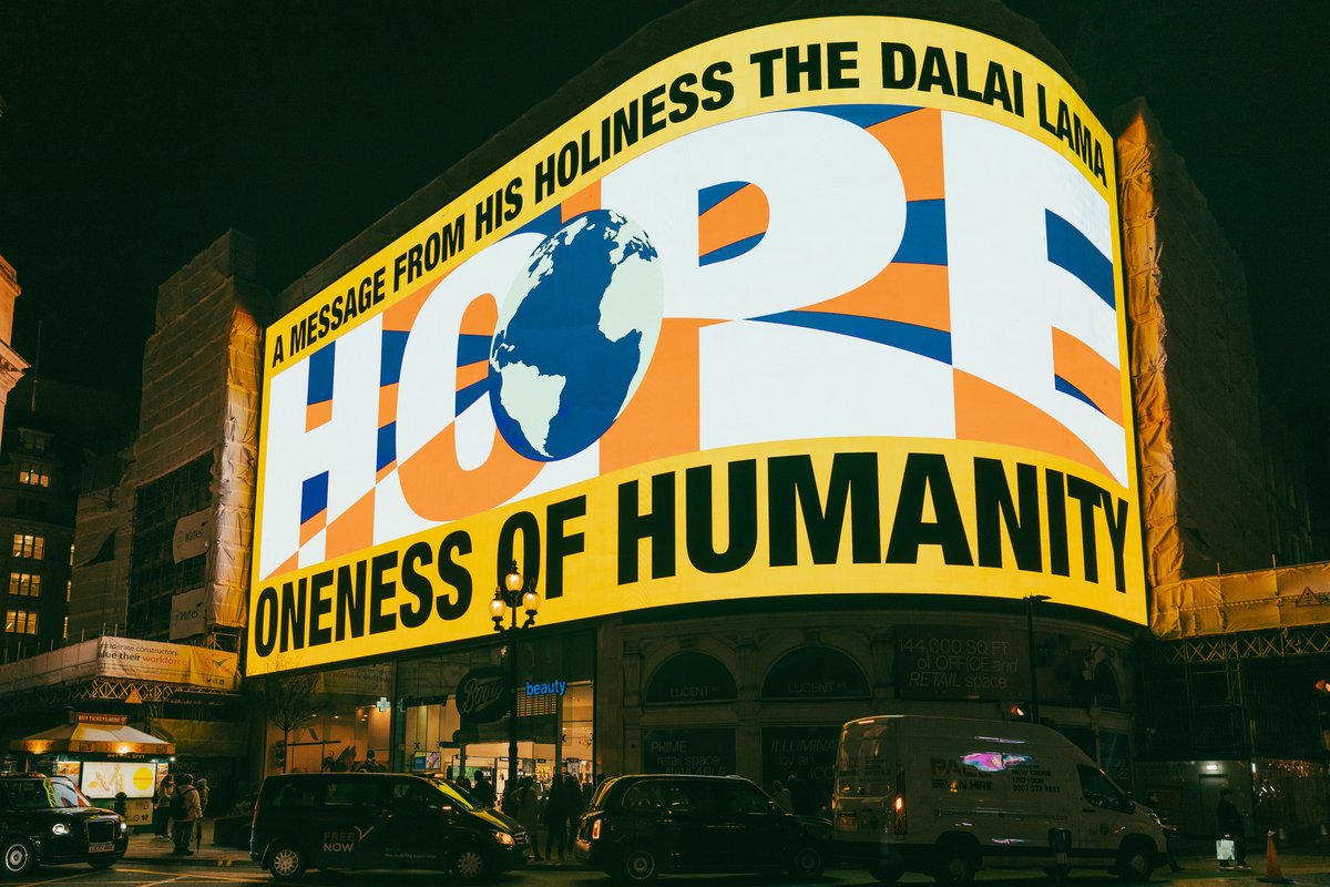 LDN_Culture's tweet photo. 🕊️Tonight at 8pm and every night for the rest of the month the Dalai Lama shares a message of hope and oneness at Piccadilly Circus.

Check out @Circa__Art 20:23 while you can  - @PicLights.

 https://t.co/GISNbRTijl 
#CIRCA2023 https://t.co/pJg07stxA2