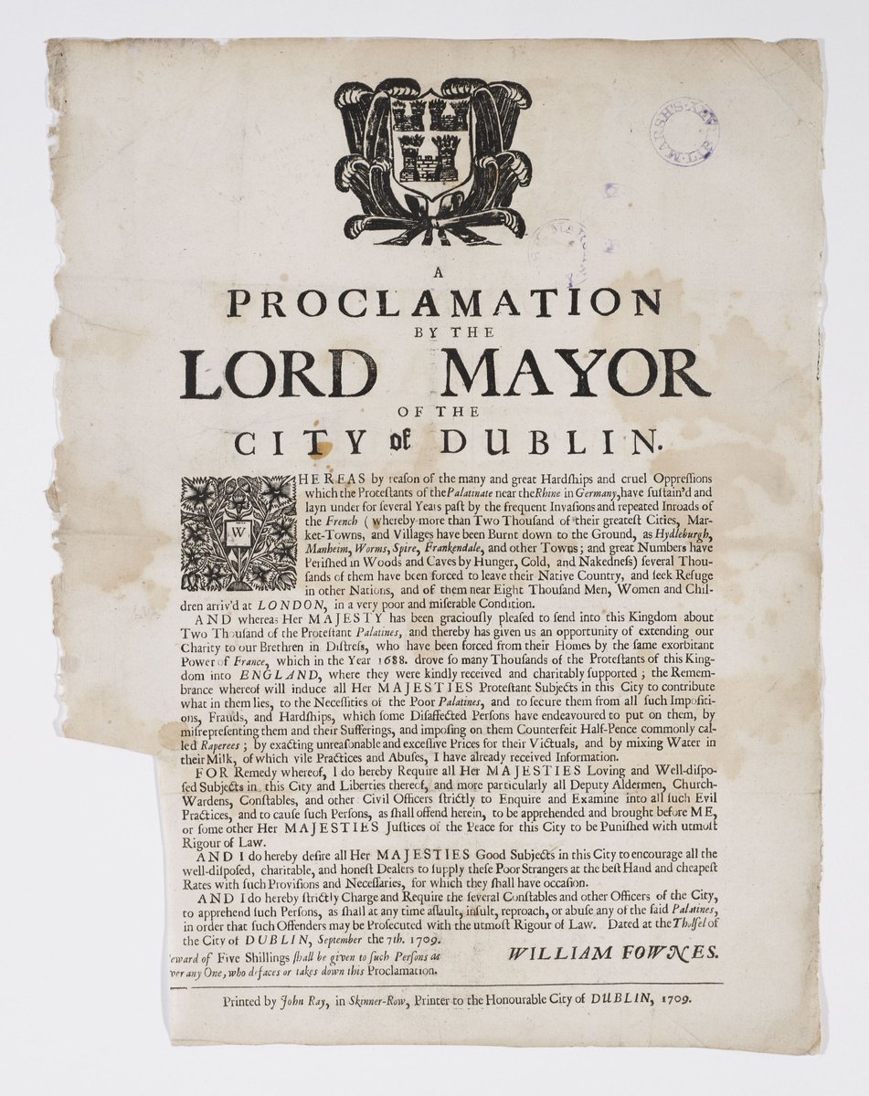 This poster is a 1709 call by the Lord Mayor of Dublin for the utmost 'rigour of the law' to be used against those defaming, defrauding or attacking Palatine #refugees in our city. In the face of people complaining about refugees, the city said #RefugeesWelcome