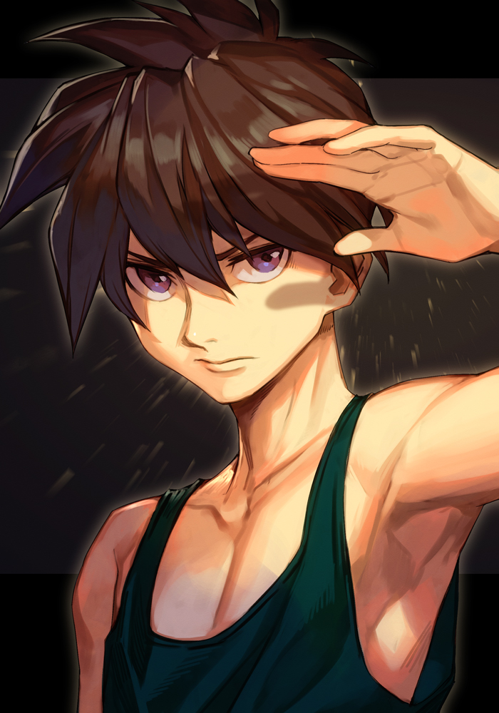 1boy arm up armpits bangs black background brown hair closed mouth  illustration images