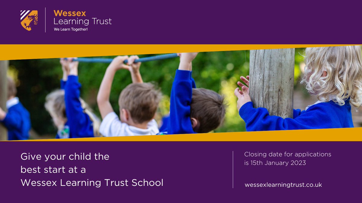 Deadline for Primary and First school admissions for September 2023 is tomorrow - 15 January! Make Wessex Learning Trust your first choice :)

#TeamWessex #Trustschools #educationstartshere