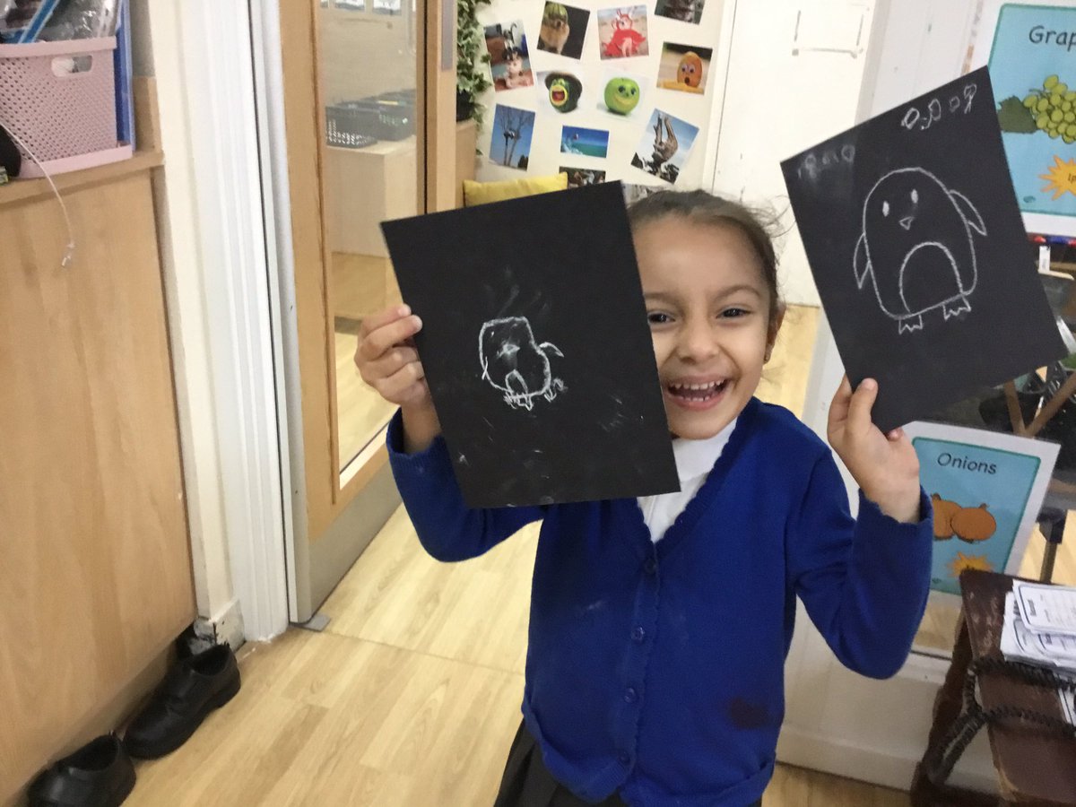 Rec_StSilas's tweet photo. We have loved exploring non-fiction texts this week. We loved using a penguin fact file to learn new information. We applied this to lots of different mark making. @stsilasschool #SilasWriting https://t.co/6J6qrZ5hV4