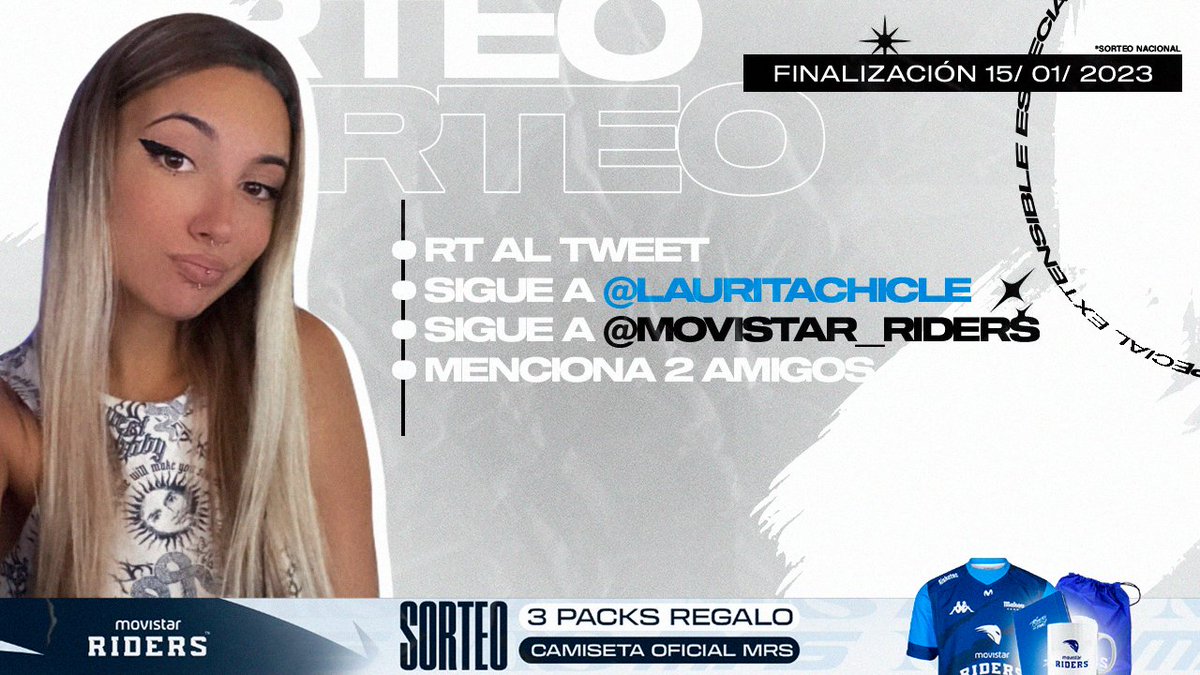 ⚪️ ¡MEGA SORTEO! 

Tres packs regalo y camiseta oficial MRS

Para participar:
❤️Follow <a href="/LauritaChicle/">Lau ✩</a> y <a href="/Movistar_Riders/">Síguenos en @MovistarKOI</a> 
🔄RT al tweet
🗨️Menciona a 2 amigos

*Finaliza el día 15 y habrá 4 premiados. ¡Mucha suerte!🍀