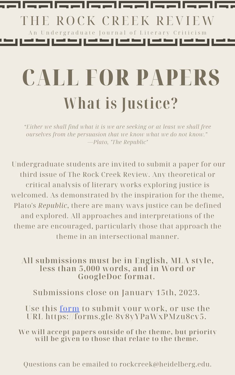 We are open for submissions until midnight on Sunday (1/15)! Be sure to submit your literary criticism, #undergraduates! 

Submit Here: forms.gle/SdUK47vo3wXA2R…