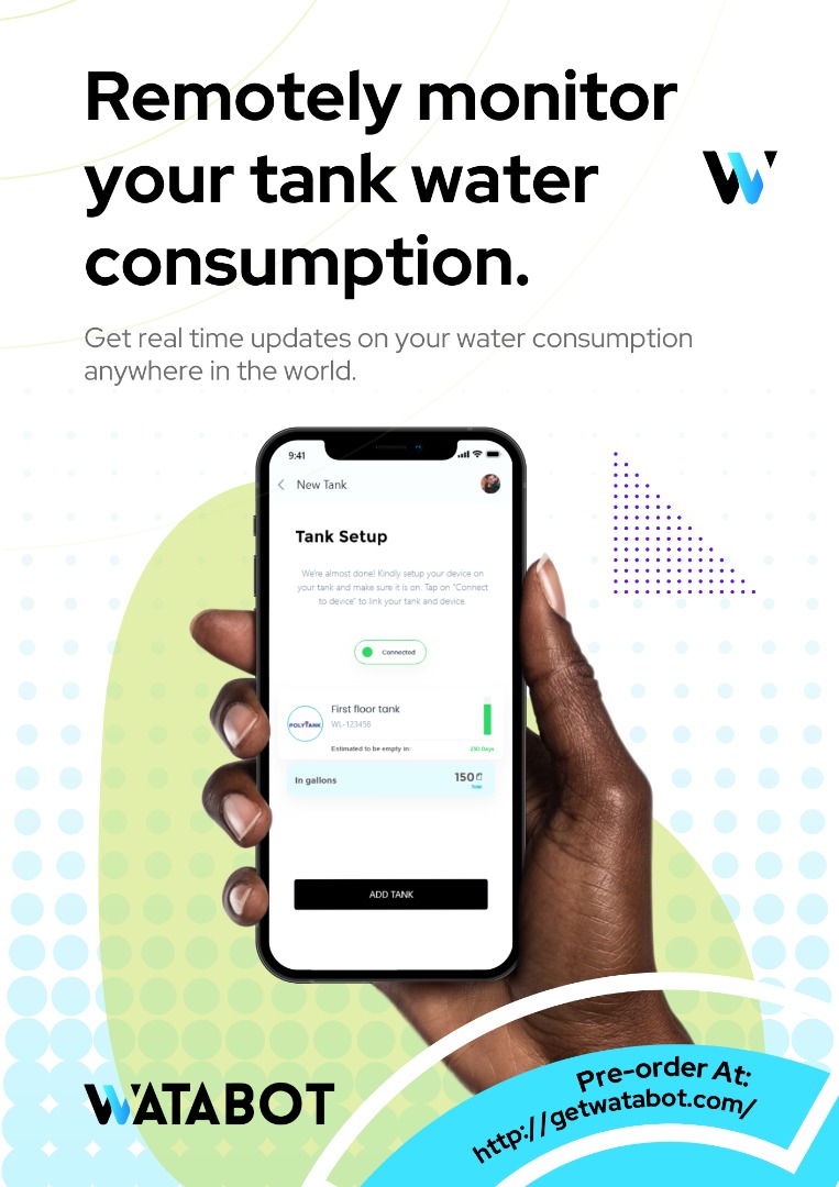 WATABOT, your  water consumption monitoring device
WATABOT device helps you track water usage with real-time data and notifications on your phone. Order your WATABOT device for only GHS 1,250 and download our free app on Play Store or App Store For more info, contact 0558396575