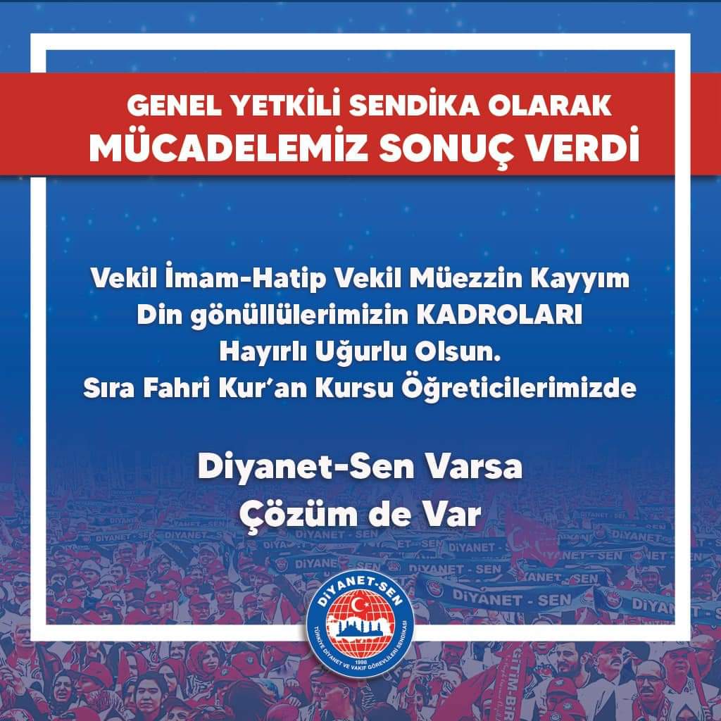 📌Vekil İmam-Hatip 
Vekil Müezzin Kayyım
Din gönüllülerimizin 
KADROLARI
Hayırlı Uğurlu Olsun

📌Sıra Fahri Kur’an Kursu Öğreticilerimizde. Bunun müjdesini de en kısa zamanda almak istiyoruz. 

📌Diyanet-Sen Varsa Çözüm de Var
#FahriOEğreticiyeSartsızKadro @RTErdogan @vedatbilgn