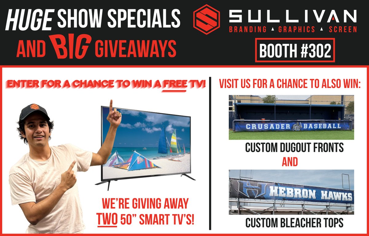 It's time!

🖥✨50'' SMART TV GIVEAWAY✨🖥 Our first TV winner will be randomly selected today. You must be present at booth #302 (<a href="/THSBCA/">THSBCA</a> Show) to win today's FREE TV!!

INCREASE YOUR CHANCES 
1) Follow <a href="/Sullivan_360/">Sullivan360</a>
2) Like &amp; Retweet 
3) Tag your favorite coach to play against