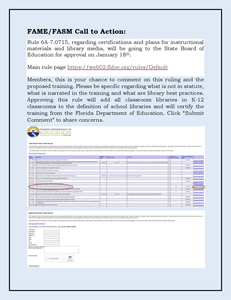 JarrettReads's tweet image. Floridians, please see this call to action published by @FloridaMediaEd & @fasm_fpls. Make your voice heard and comment on the proposed rules and training from Florida Department of Education before next week's meeting fldoe.org/policy/state-b… @aasl @AASLpresident