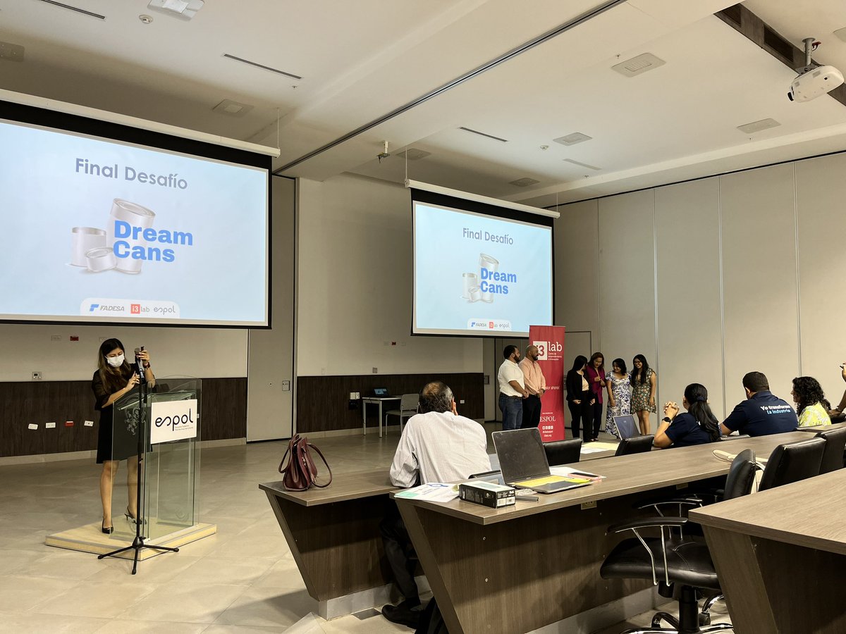 i3labespol's tweet photo. Inicia la final del desafío de innovación #DreamCans junto a #FADESA, hoy 3 equipos finalistas conformados por estudiantes de @espol presentan sus propuestas de solución a la problemática planteada por la empresa.
#CreaValorAhora https://t.co/KU0kLxEGvm