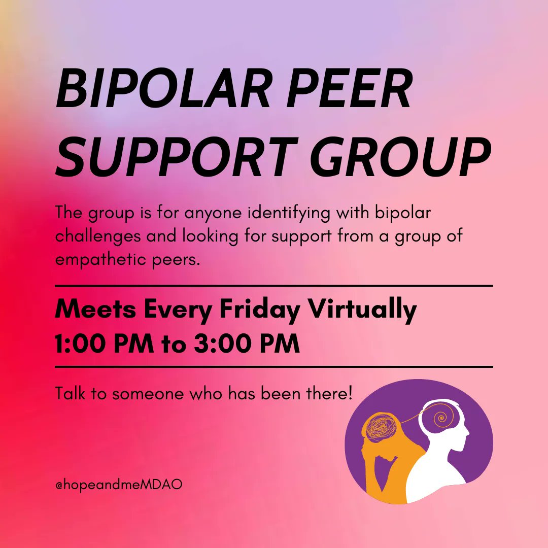 hopeandmemdao's tweet photo. Join our weekly Bipolar peer support group every Friday at 1:00 PM. Connect with empathetic peers and never feel alone ever.
Register here: https://t.co/geKWTtU3Rz
#bipolar #bpd #bipolardisorder #bipolarsupport #bipolarpeersupport #peersupport #peersupportgroups #empathy https://t.co/hVVdJQADL3