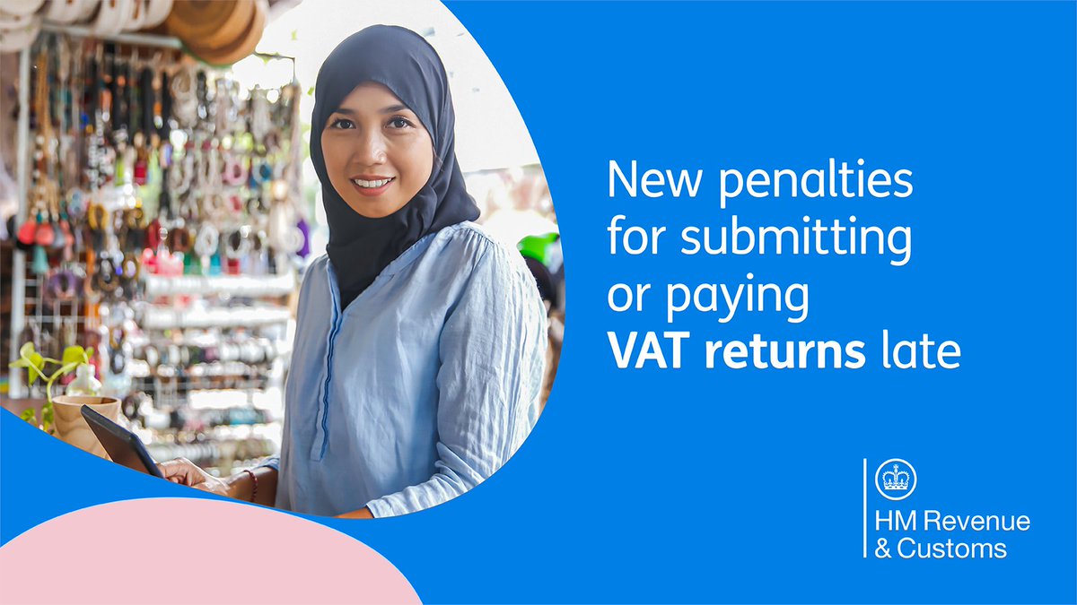 HMRCgovuk's tweet photo. 📣 VAT traders – for accounting periods starting on or after 1 January 2023, new penalties now apply if you submit or pay your VAT returns late.  

Find out more here 👇
https://t.co/3j9GVkuKun https://t.co/txykjXNyly