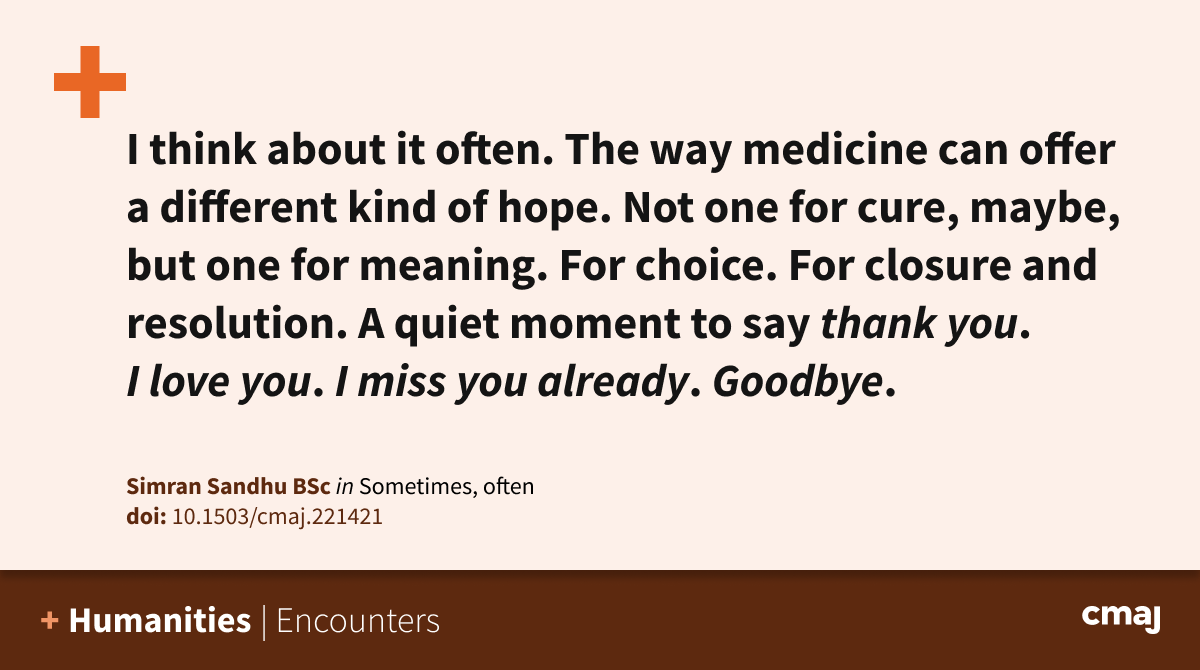 CMAJ's tweet photo. Sometimes, often:
Sometimes, often, this is the best we can do: a touching narrative of a patient with cancer ➡️ https://t.co/982kVzoefS
@sim5andhu #Oncology https://t.co/GfQXaznQNk