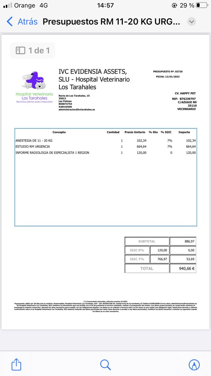 shirleyyyc's tweet photo. Este es el presupuesto de la resonancia de mi perrita, una vez hecha la resonancia me dirán que habrá que hacer y me darán otro presupuesto. 
Necesito ayuda por favor !!!!!! 

- Transferencias:  ES07 0049 5082 7123 1615 5538
- Bizum: 682488226 https://t.co/C44vRod8cJ