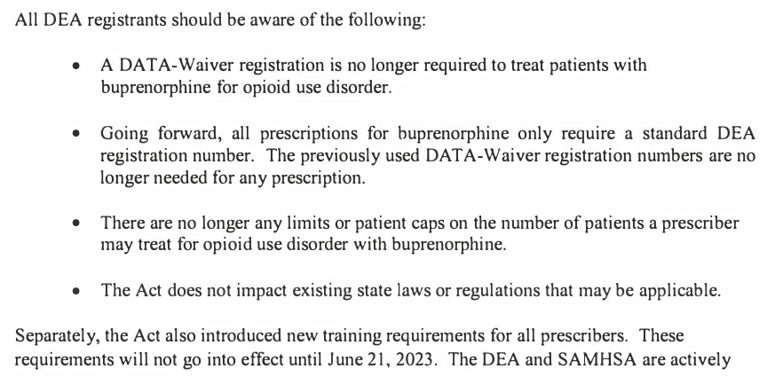 The x-waiver for buprenorphine is GONE. Pharmacy software and processes must be immediately updated to reflect this fact. Clinical pharmacists who are registered to prescribe controlled substances in states that allow that can now Rx bup for OUD! #TwitteRx deadiversion.usdoj.gov/pubs/docs/A-23…