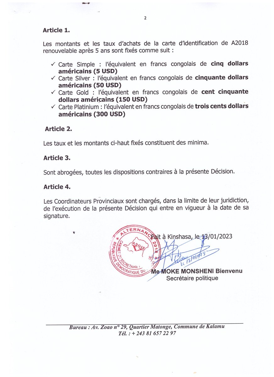 #Elections2023
<a href="/a2018_rdc/">A2018 RDC Officiel</a> s'organise aussi financierement pour affronter et gagner les élections qui pointent. 
Le SP, Me Bienvenu MOKE, a signé la décision portant fixation de prix de la carte d'identification A2018.
Vivement la victoire. <a href="/VitalKamerhe1/">Vital Kamerhe</a> 
<a href="/BillyKambale1/">Billy Kambale</a> <a href="/uncrdc/">UNC_RDC Officiel</a>