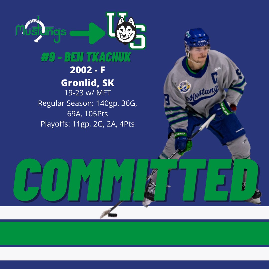 COMMITMENT:

The Mustangs are proud to announce that '02 F Ben Tkachuk has committed to the @HuskiesMHKY in <a href="/USPORTS_Hockey/">U SPORTS Hockey</a> for next season.

Tkachuk has played over 150 games in a Mustangs uniform over four seasons.

Congratulations, Ben!

MORE: bit.ly/3QEoL3z