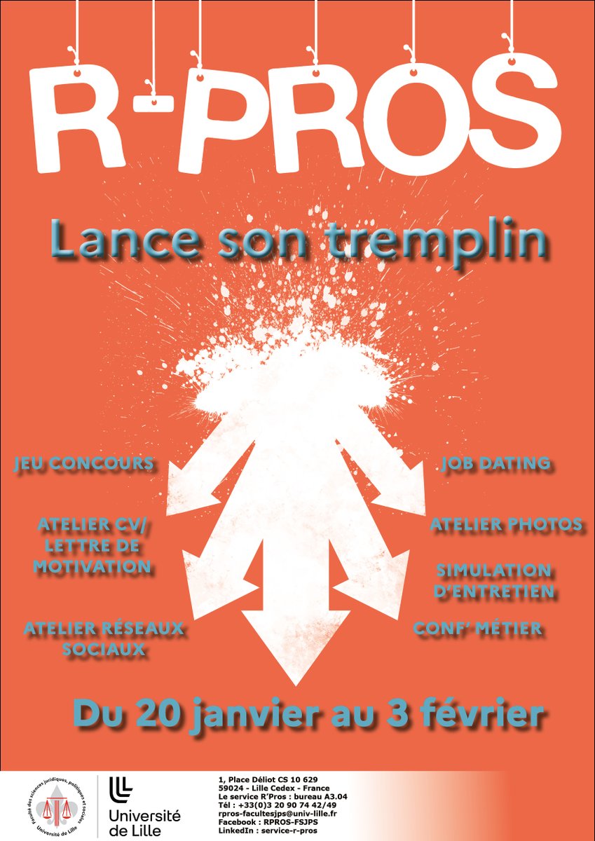 Le service R'PROS lance son tremplin dès le 20 janvier pour une durée de 15 jours. Au programme une conférence pluridisciplinaire sur l'égalité femme/homme, un job dating, un shooting photos, des ateliers cv/lettre de motivation...Programme et infos : bit.ly/3XoYKYo